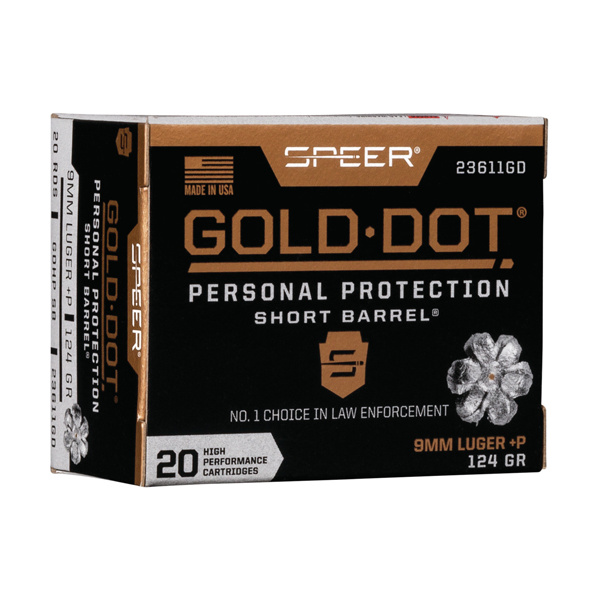 SPEER GOLD DOT SHORT BBL 9MM LUGER +P 124GR GDHP 20RD