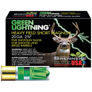 BRENNEKE USA GREEN LIGHTNING - 20GA 2.75" 1OZ SLUG 5RD 50BX/C