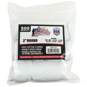 COTTON FLANNEL CLEANING PATCHES - 2" ROUND - .270-.38 CALIBER, 500 COUNT